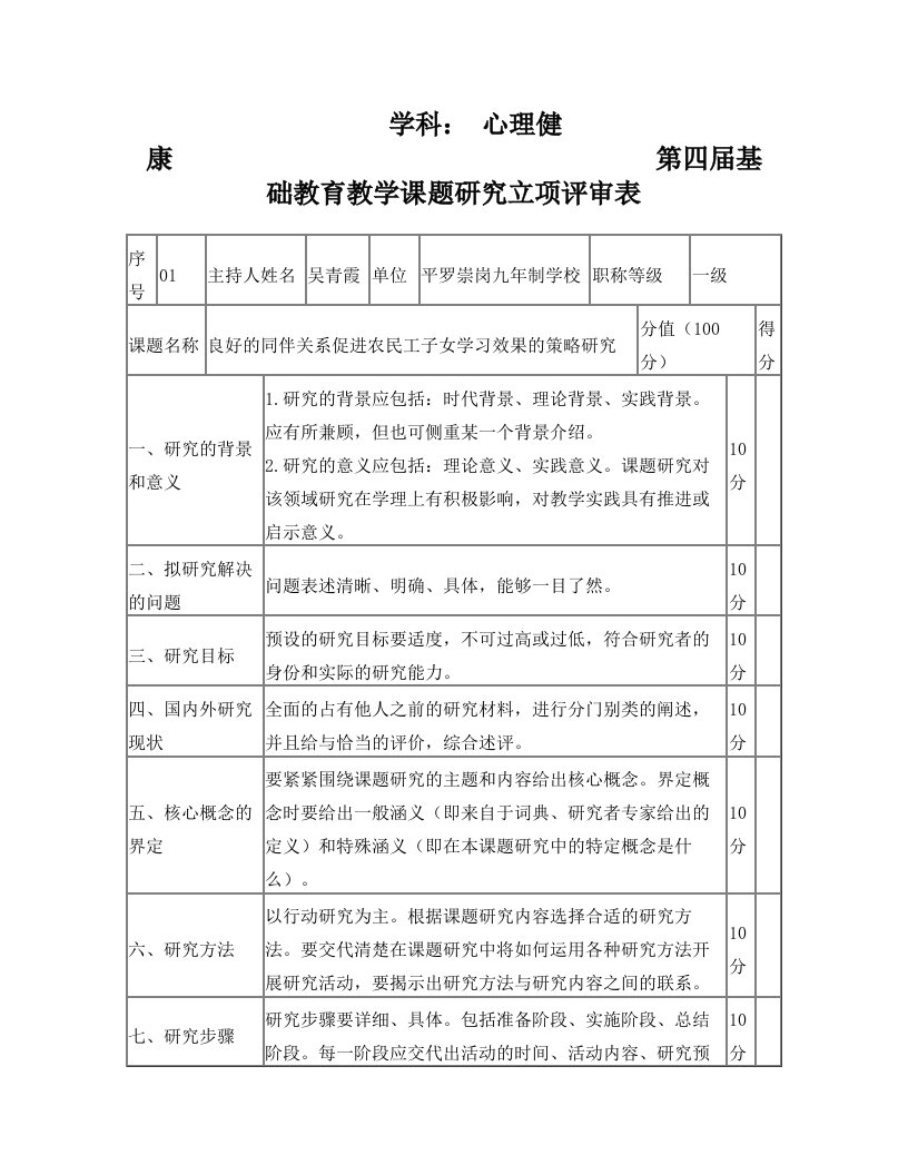 第四届基础教育教学课题研究立项评审表(心理健康)