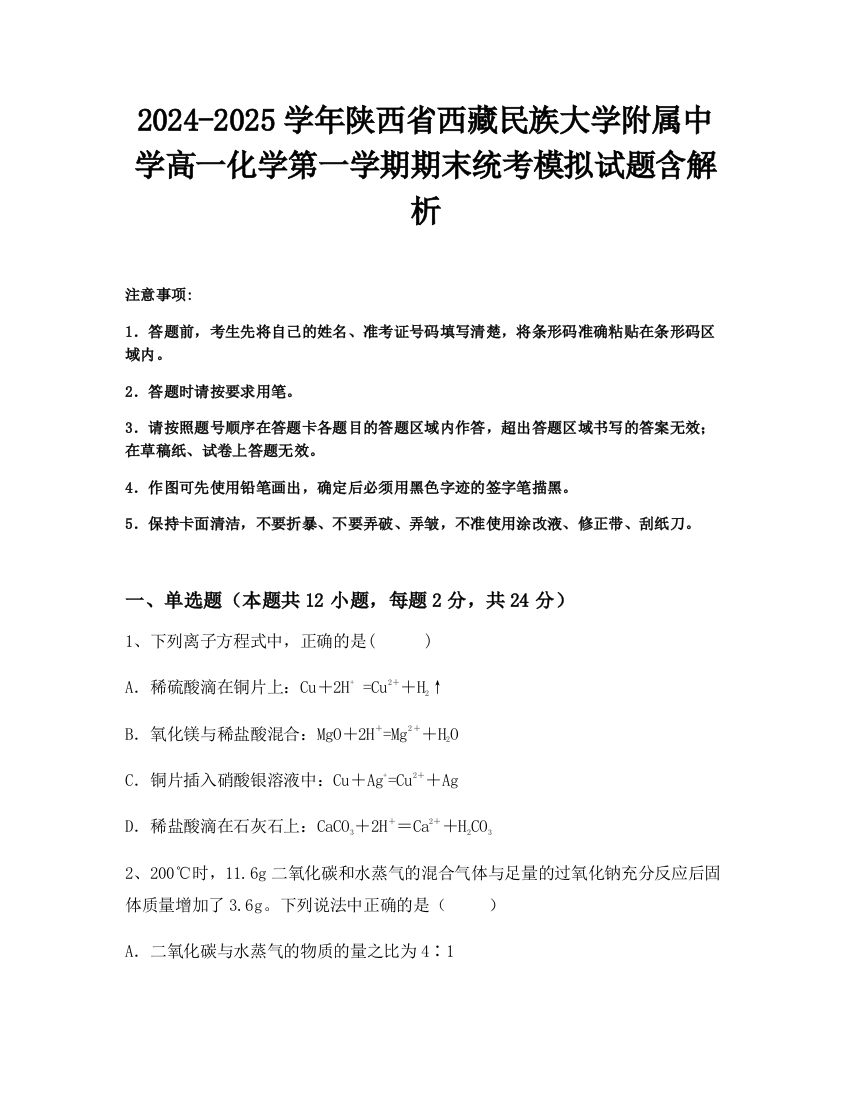 2024-2025学年陕西省西藏民族大学附属中学高一化学第一学期期末统考模拟试题含解析