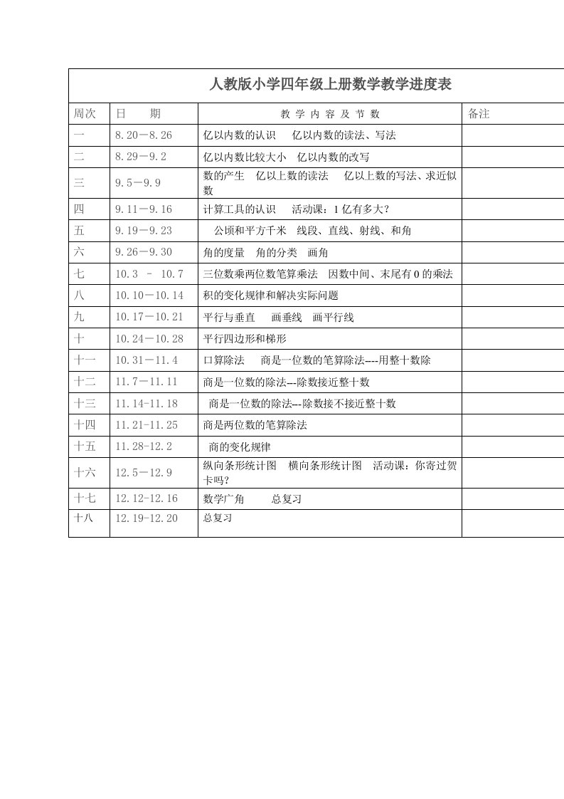 人教版小学四年级上册数学教学进度表