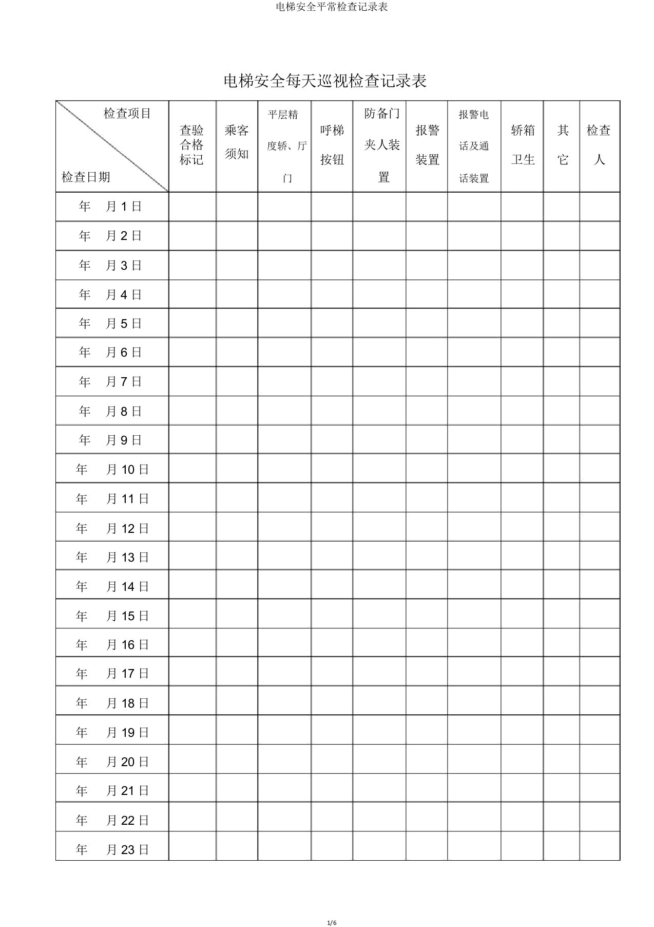 电梯安全日常检查记录表