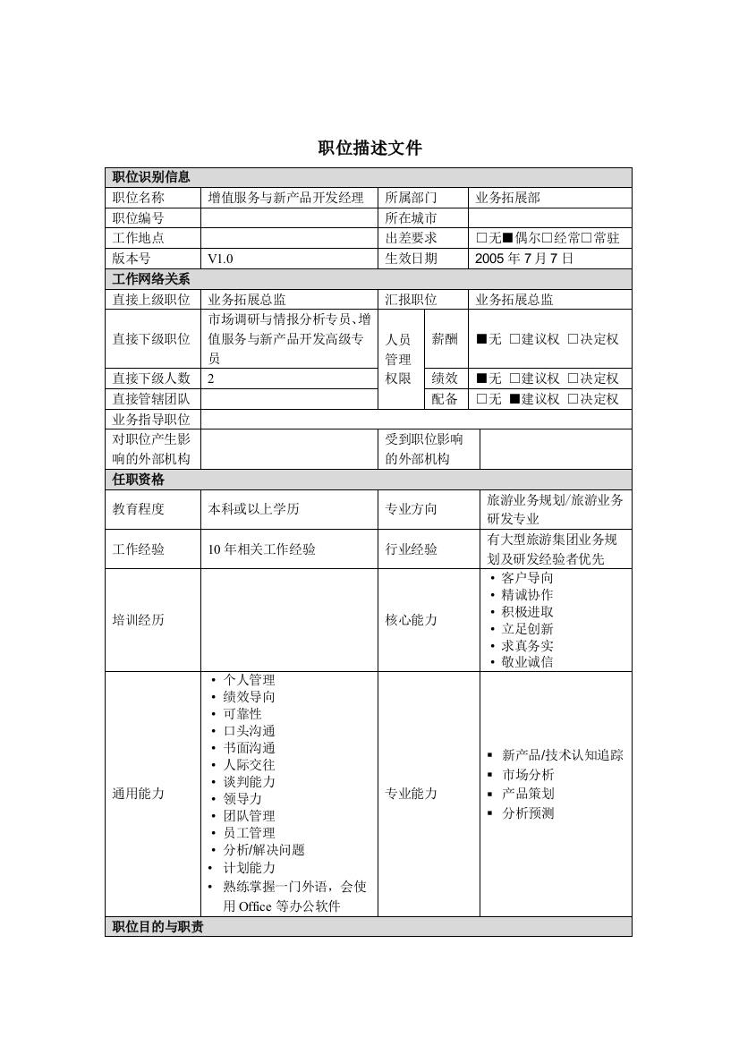 增值服务与新产品开发经理岗位说明书