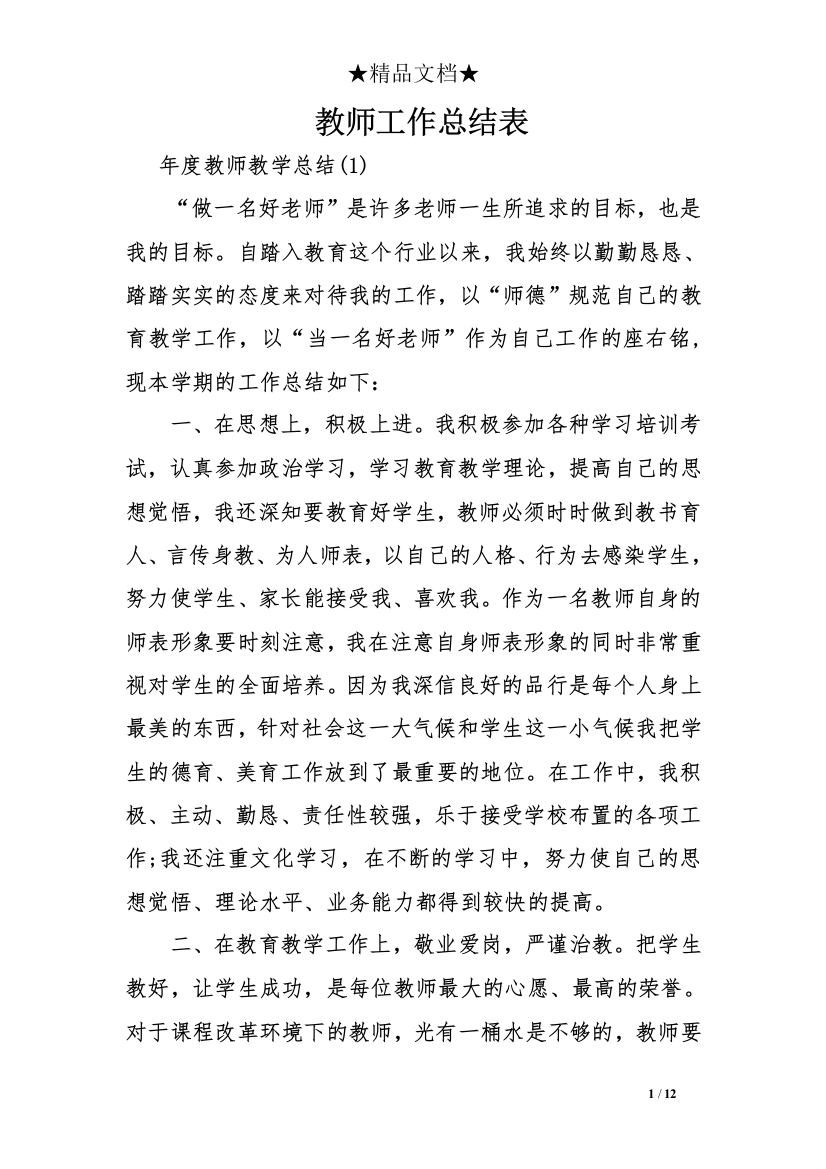 (完整)教师工作总结表-推荐文档