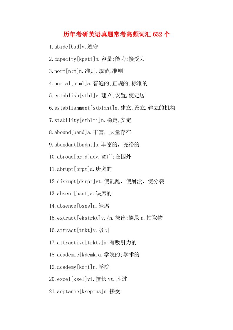 历年考研英语真题常考高频词汇632个