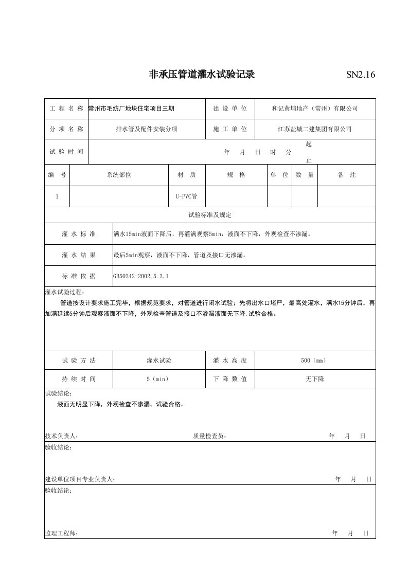 sn216非承压管道闭水试验记录