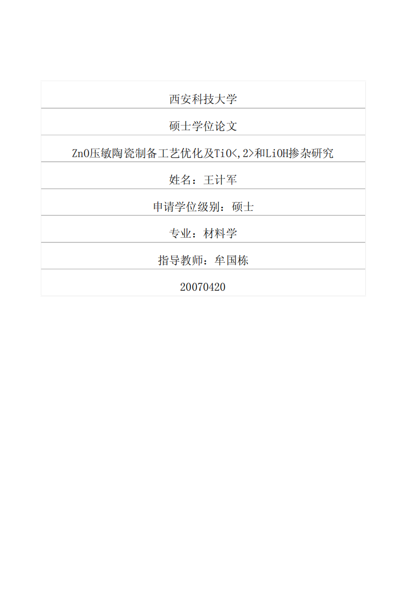 硕士论文-ZnO压敏陶瓷制备工艺优化及TiO2和LiOH掺杂