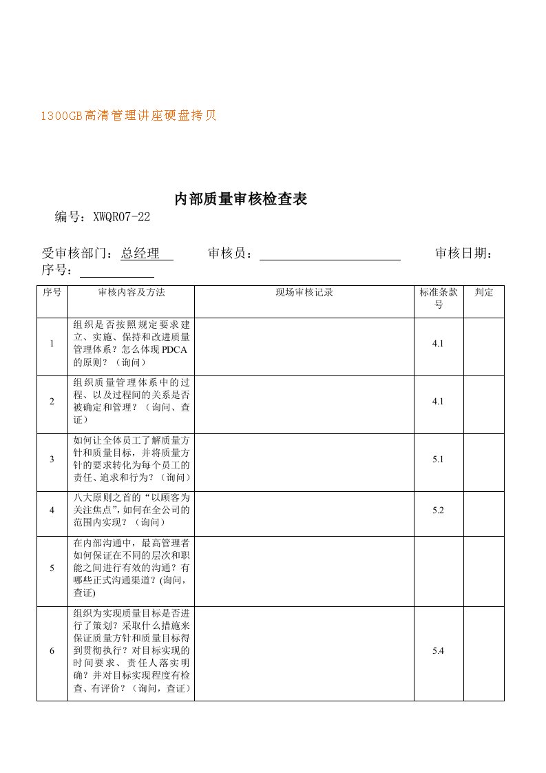 企业内部质量审核检查表