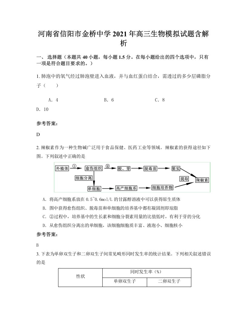 河南省信阳市金桥中学2021年高三生物模拟试题含解析