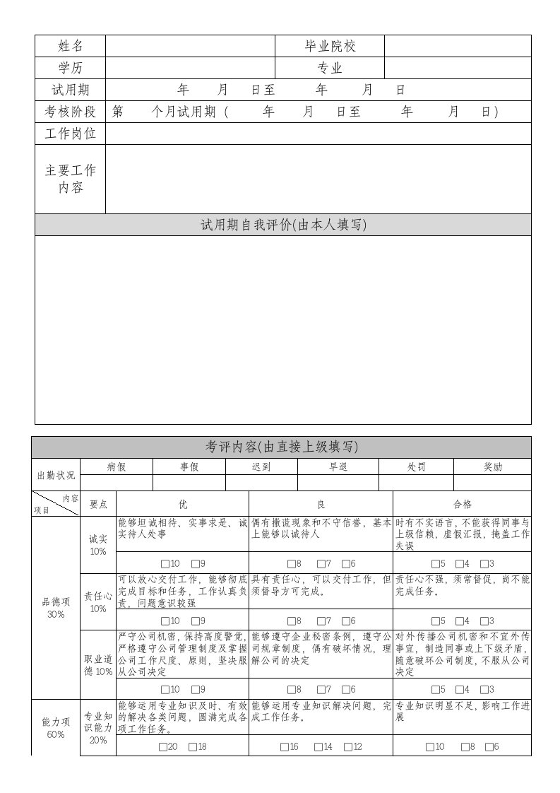 试用期员工考核表