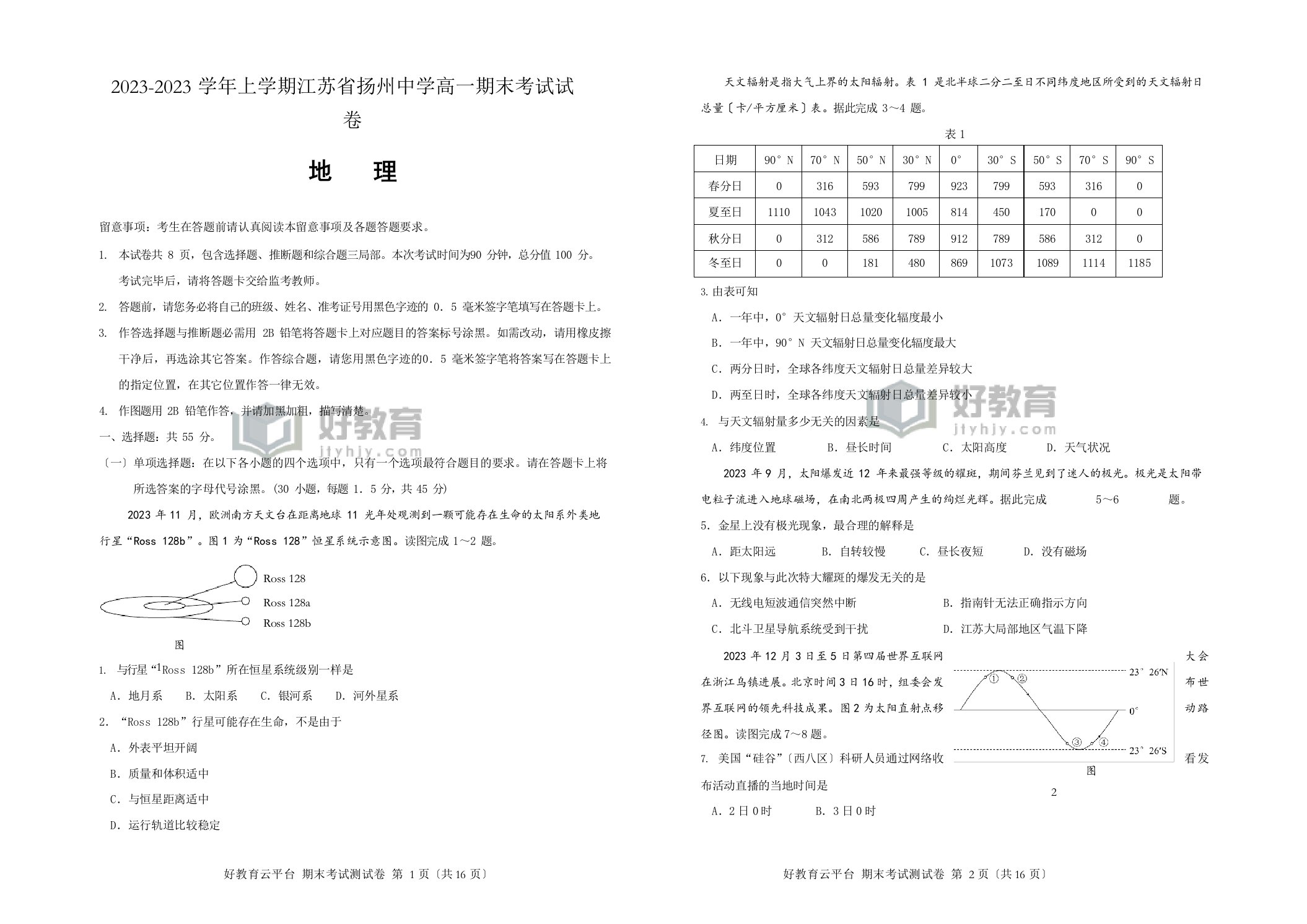 2023学年上学期江苏省扬州中学高一期末考试试卷地理