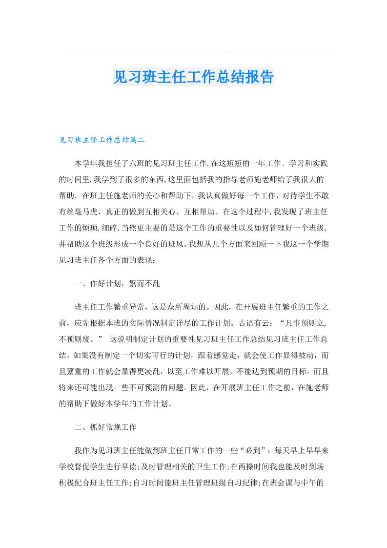 见习班主任工作总结报告