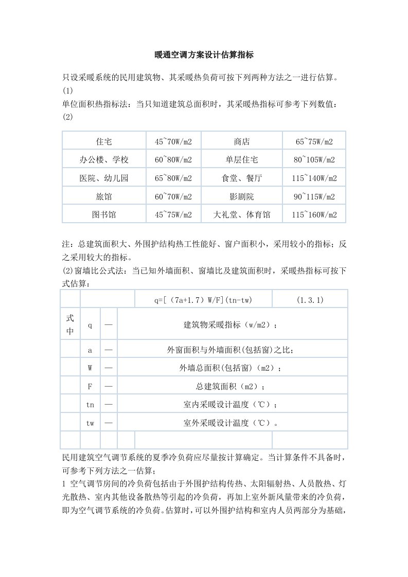 暖通空调方案设计估算指标