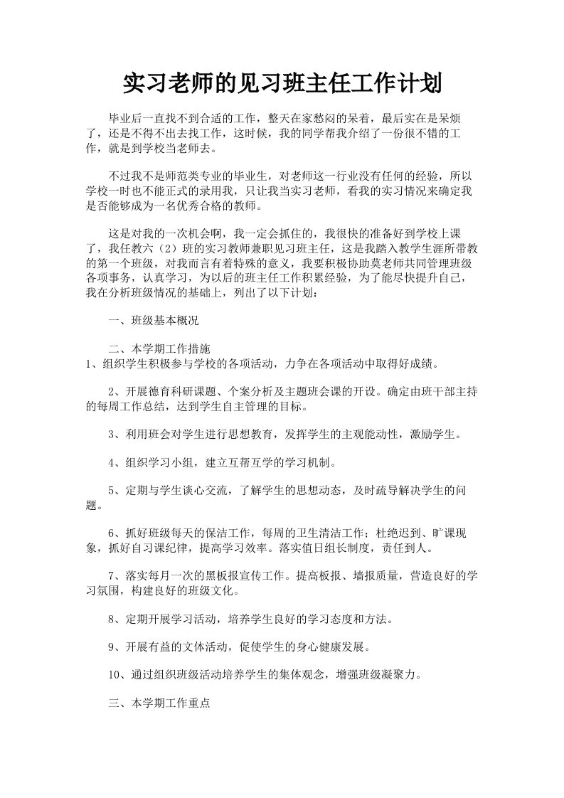 实习老师的见习班主任工作计划