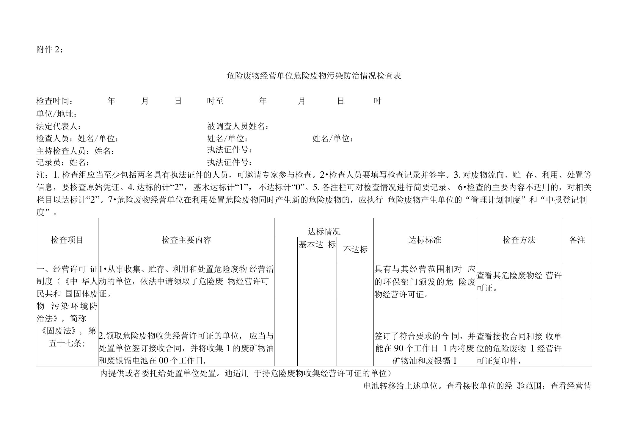 危险废物经营单位危险废物污染防治情况检查表