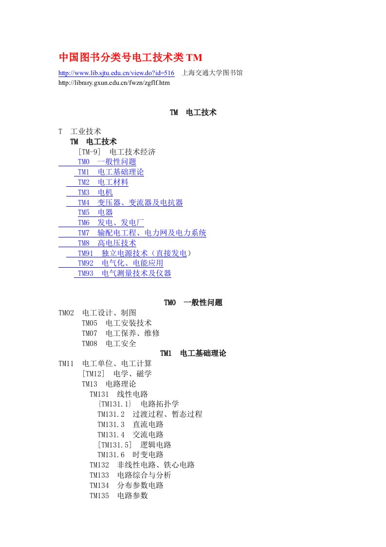 中国图书分类号电工技术类TM