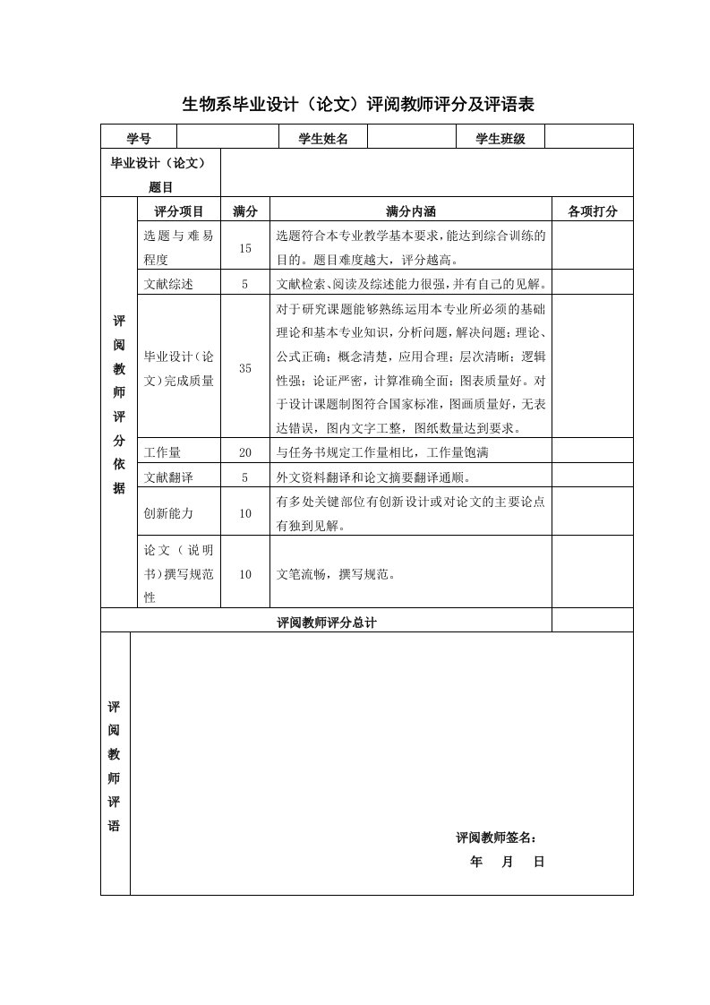 生物系毕业设计论文评阅教师评分及评语表