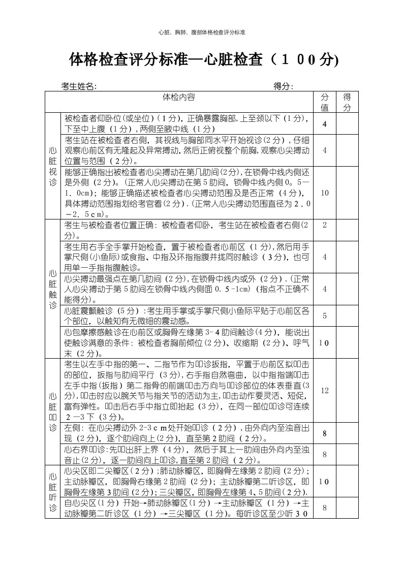 心脏、胸肺、腹部体格检查评分标准