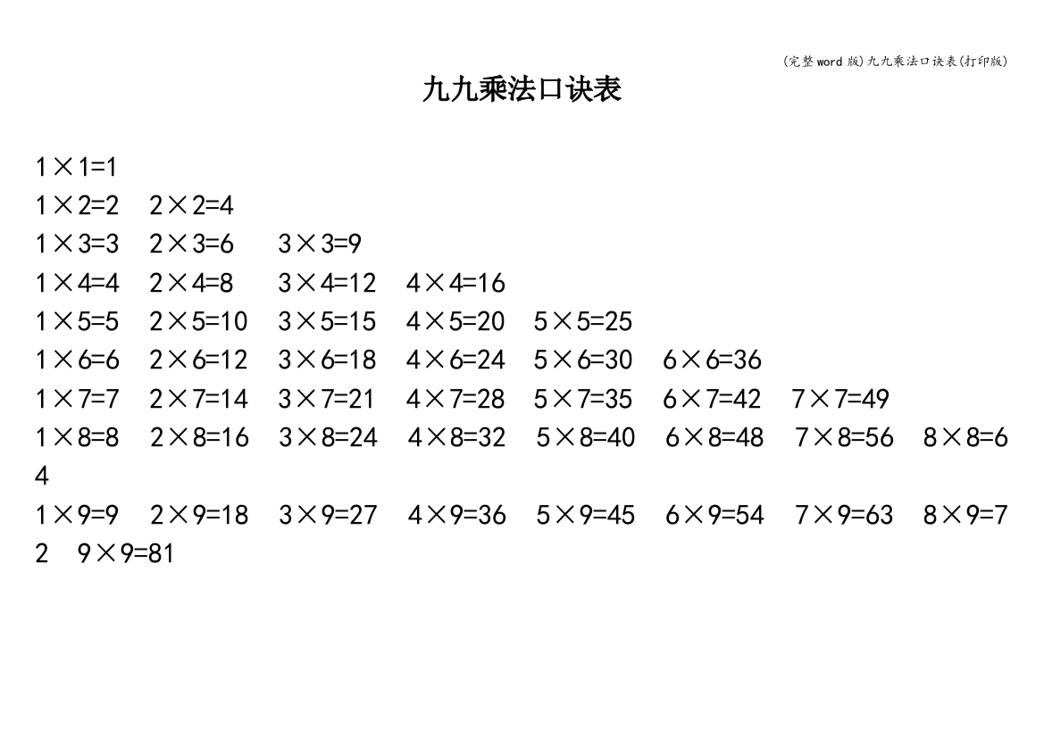 (完整word版)九九乘法口诀表(打印版)