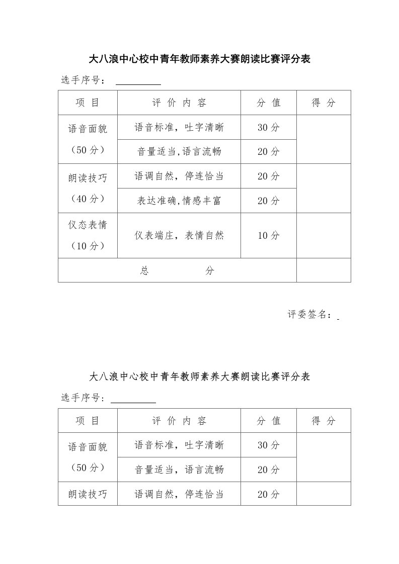 青年教师基本功比赛朗读比赛评分表