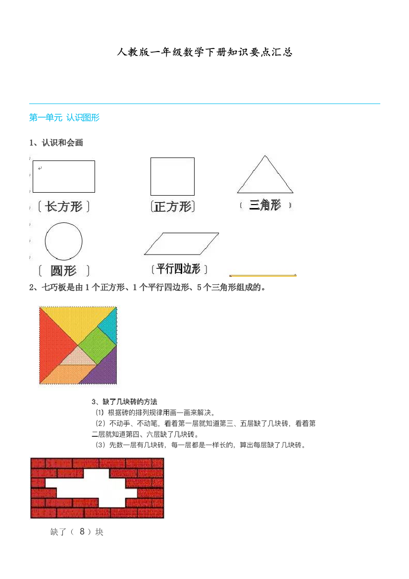 人教版一年级数学下册知识要点汇总