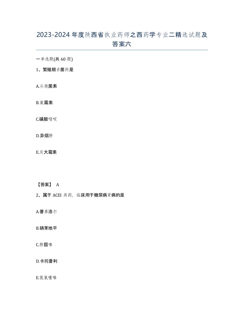 2023-2024年度陕西省执业药师之西药学专业二试题及答案六