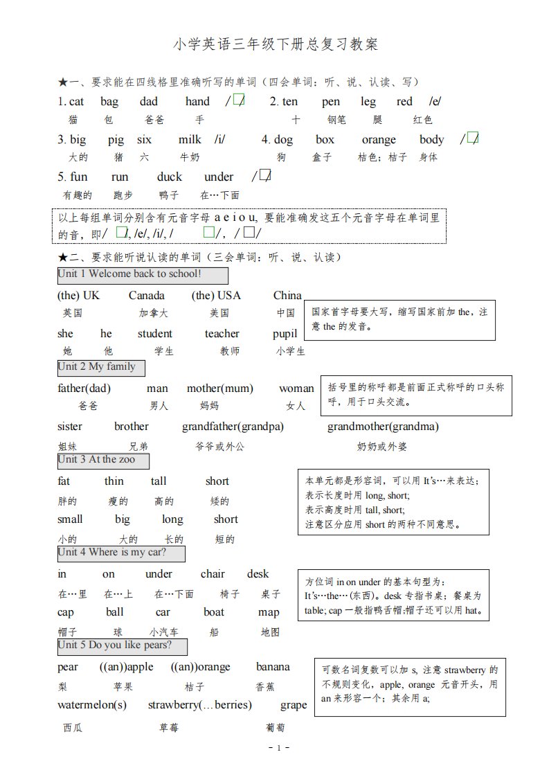 人教版PEP小学英语三年级下册期末总复习资料教案