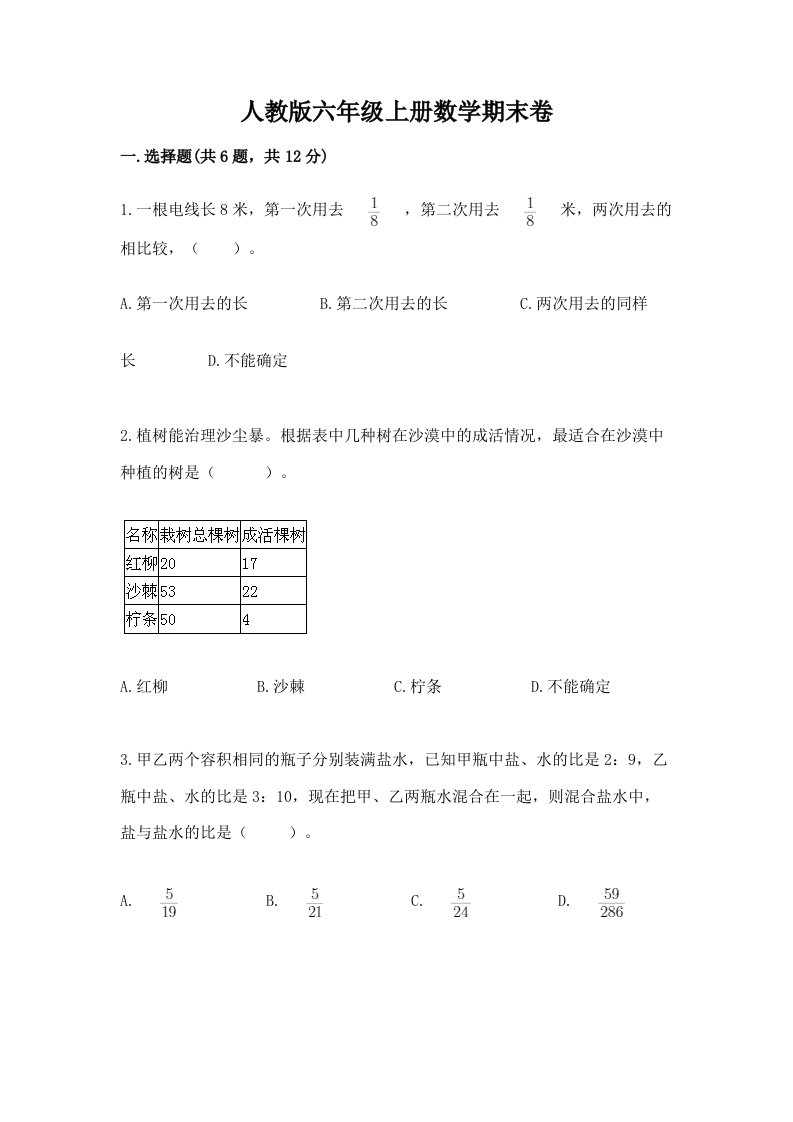 人教版六年级上册数学期末卷附参考答案（预热题）