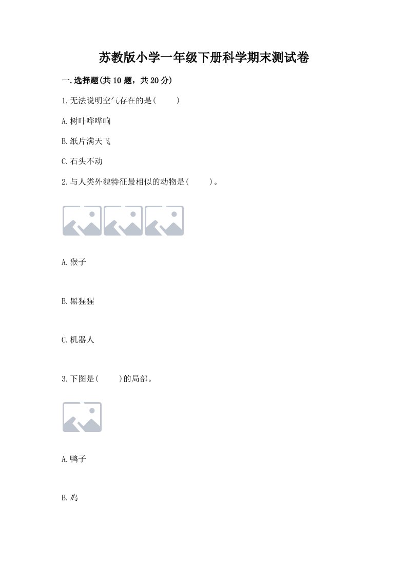 苏教版小学一年级下册科学期末测试卷含答案（预热题）