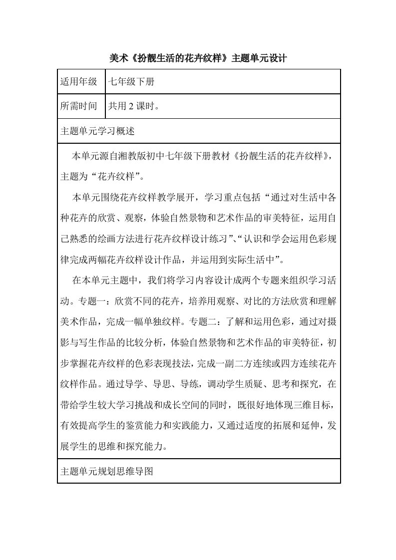 初中美术《扮靓生活的花卉纹样》单元教学设计以及思维导图1