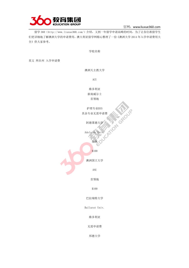 360教育集团：澳大利亚大学入学申请费用大全