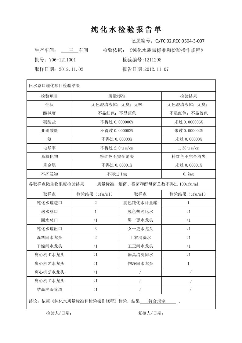 纯化水报告单