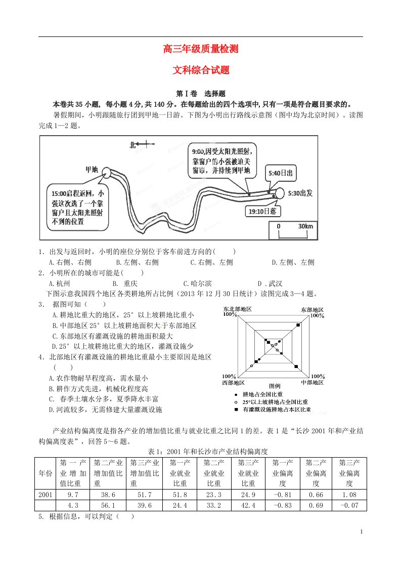 安徽省桐城市第八中学高三文综上学期质量检测试题