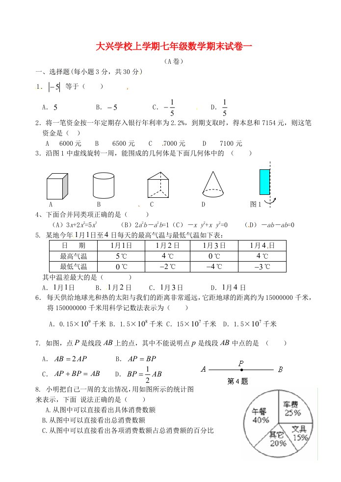 四川省蒲江县大兴镇七级数学上学期期末模拟试题（无答案）