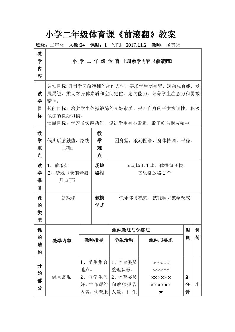 小学二年级体育课《前滚翻》教案