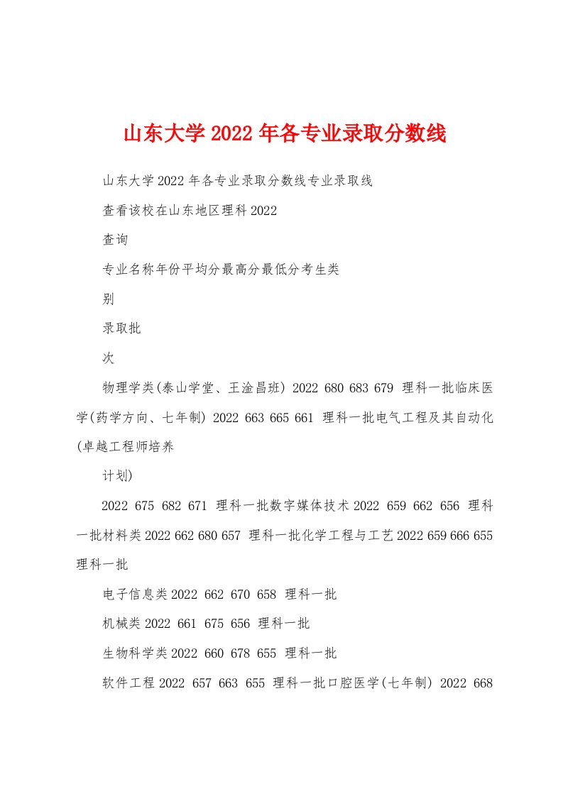 山东大学2022年各专业录取分数线