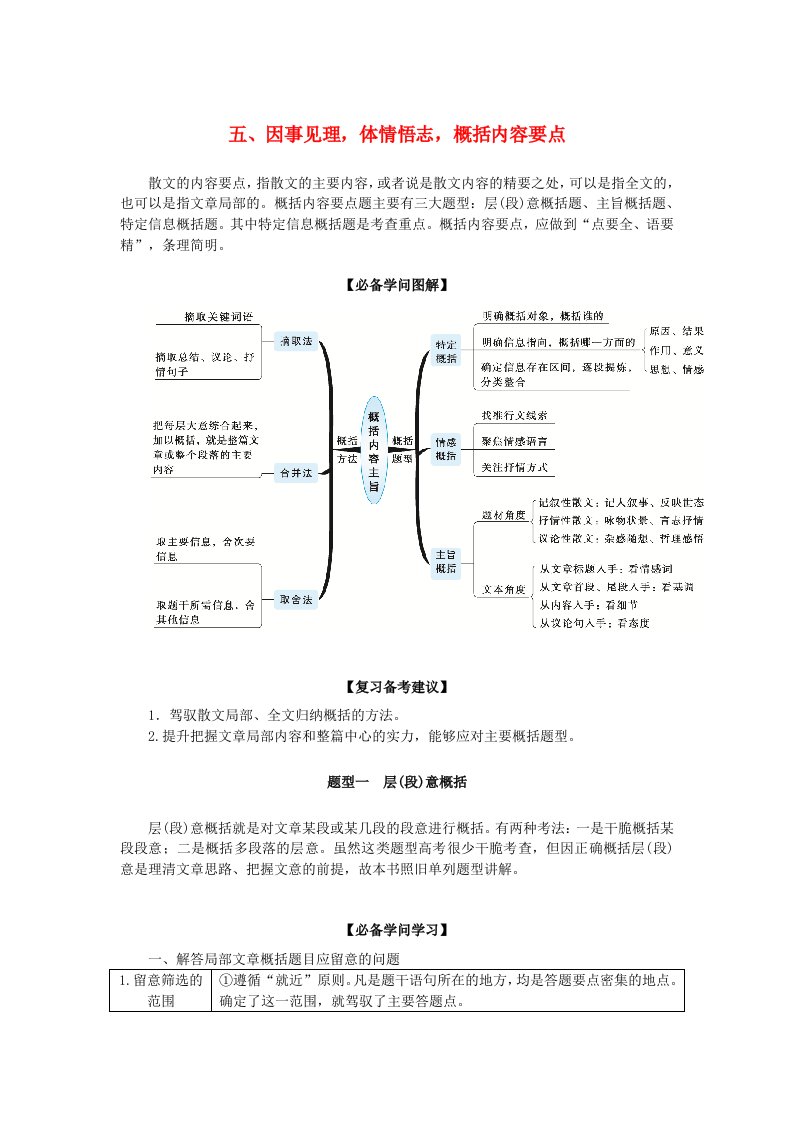 2025版新教材高考语文全程一轮总复习第二部分现代文阅读专题二现代文阅读Ⅱ文学类文本阅读复习任务群二散文阅读学案二题型透析五因事见理体情悟志概括内容要点