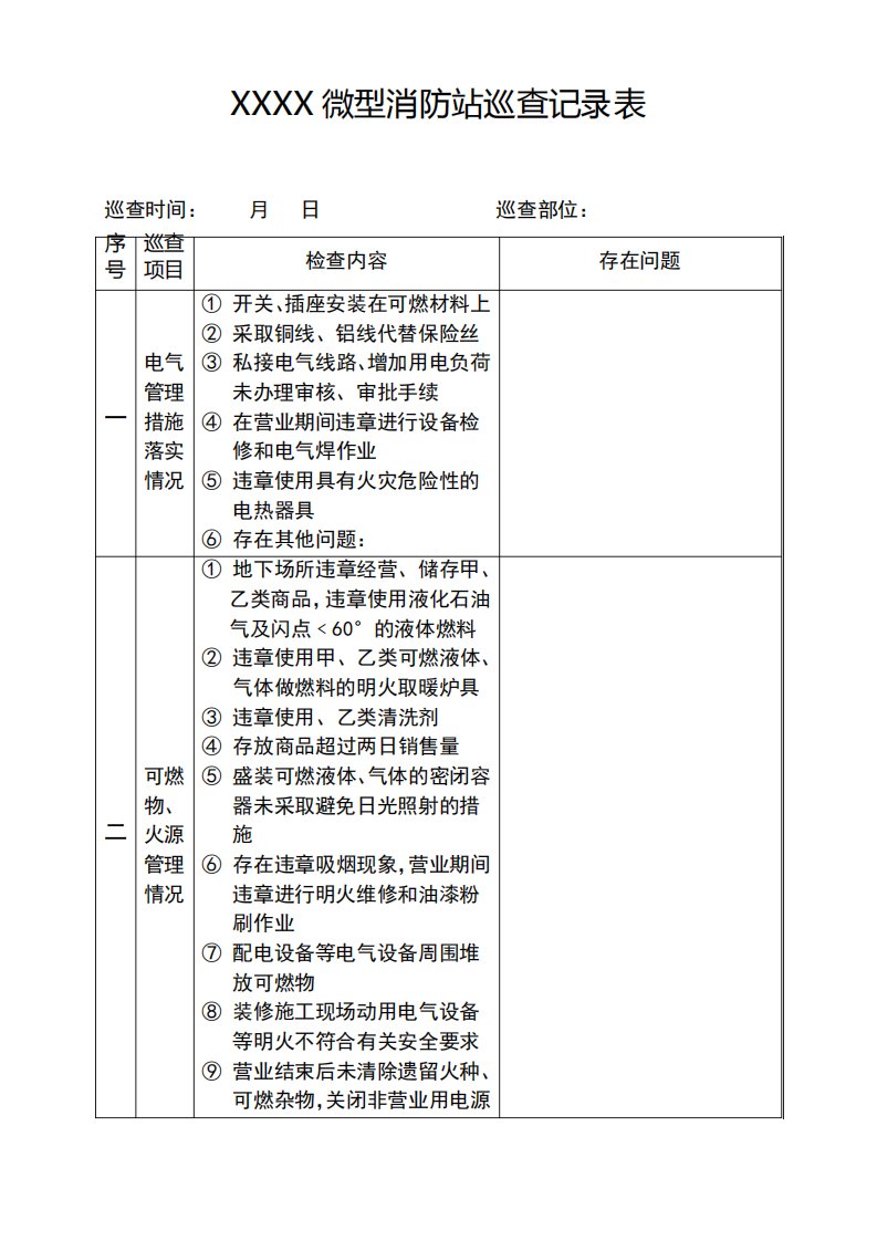 微型消防站巡查记录表