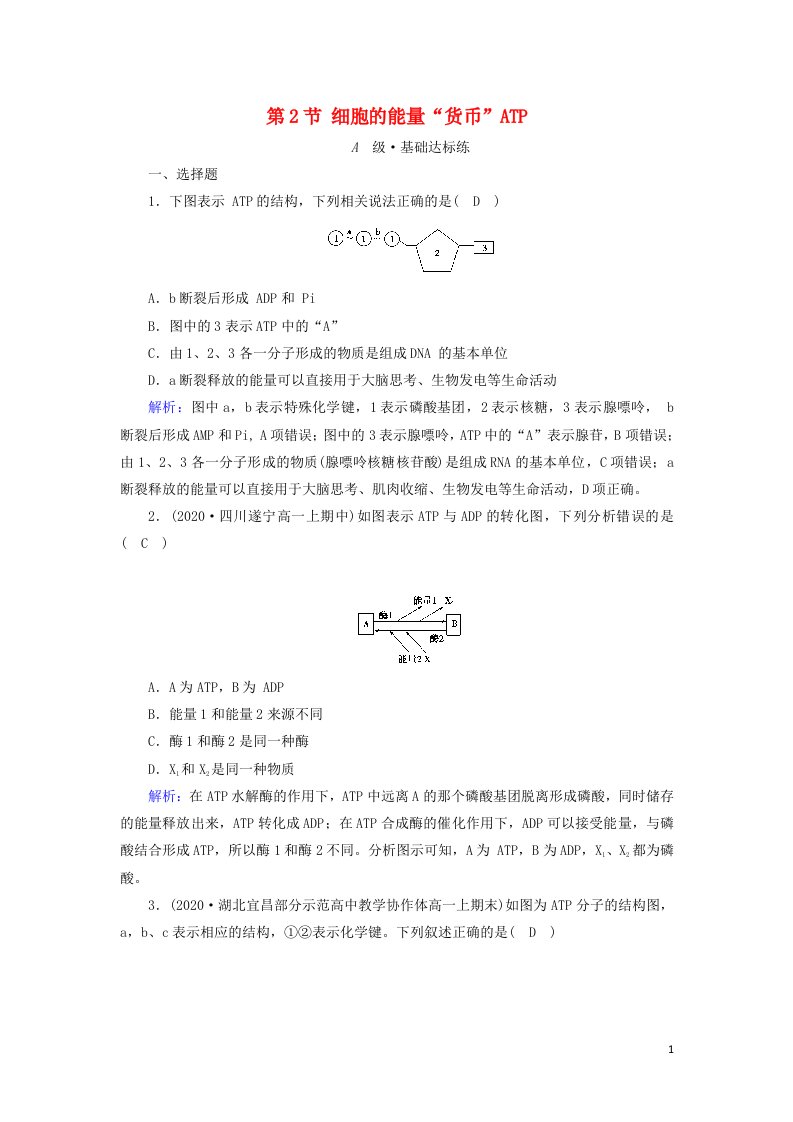 2021_2022学年新教材高中生物第5章细胞的能量供应和利用第2节细胞的能量“货币”ATP作业含解析新人教版必修1