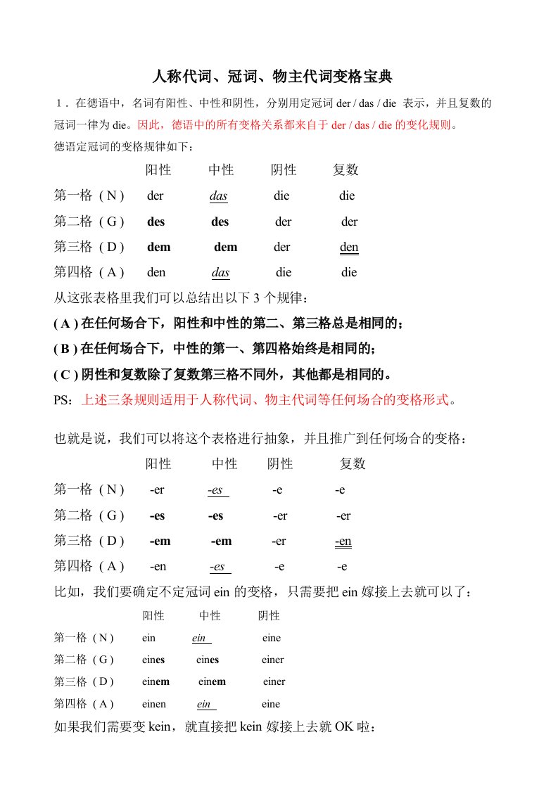 德语人称代词、冠词、物主代词变格宝典