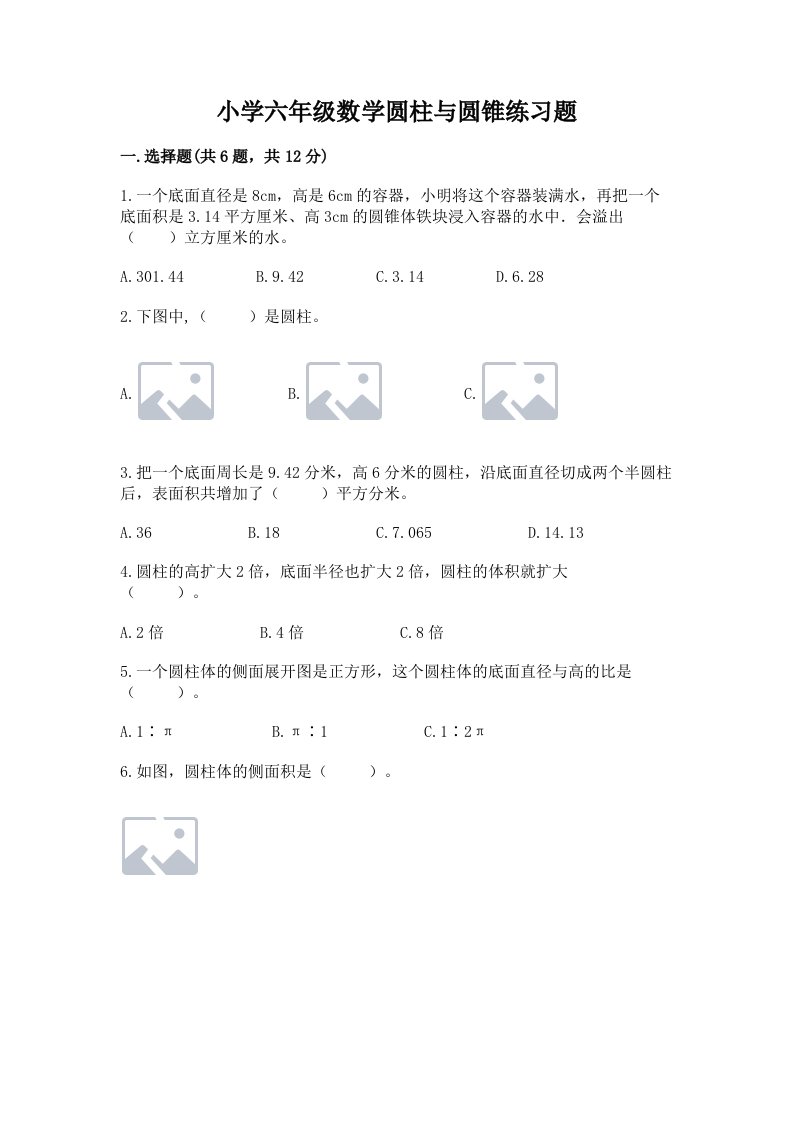 小学六年级数学圆柱与圆锥练习题带精品答案