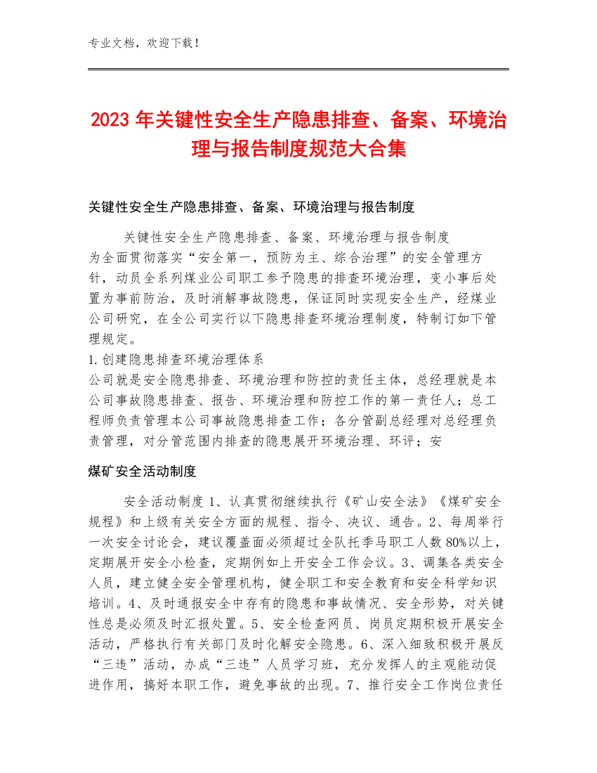 2023年关键性安全生产隐患排查、备案、环境治理与报告制度规范大合集