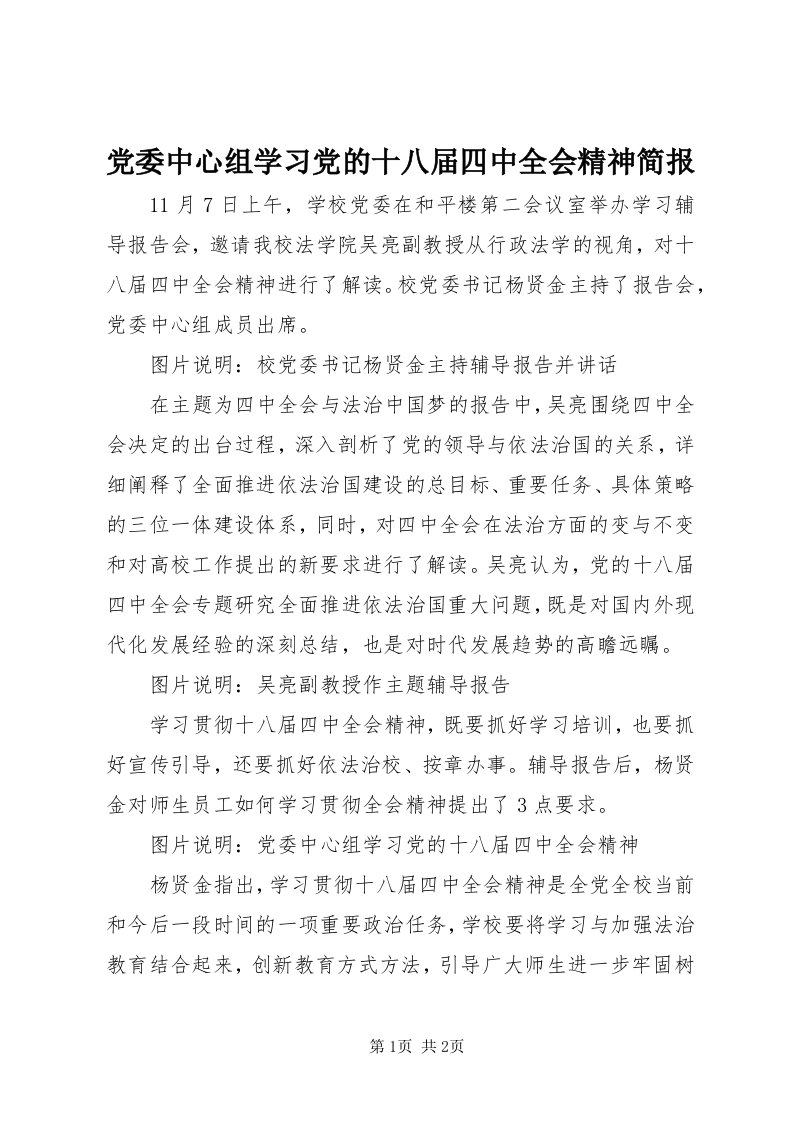 党委中心组学习党的十八届四中全会精神简报