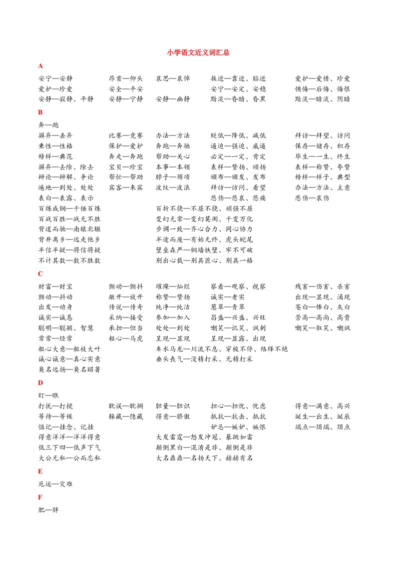 小学语文总复习-近义词汇总