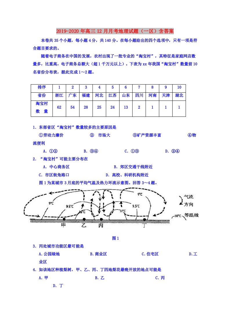 2019-2020年高三12月月考地理试题（一区）含答案