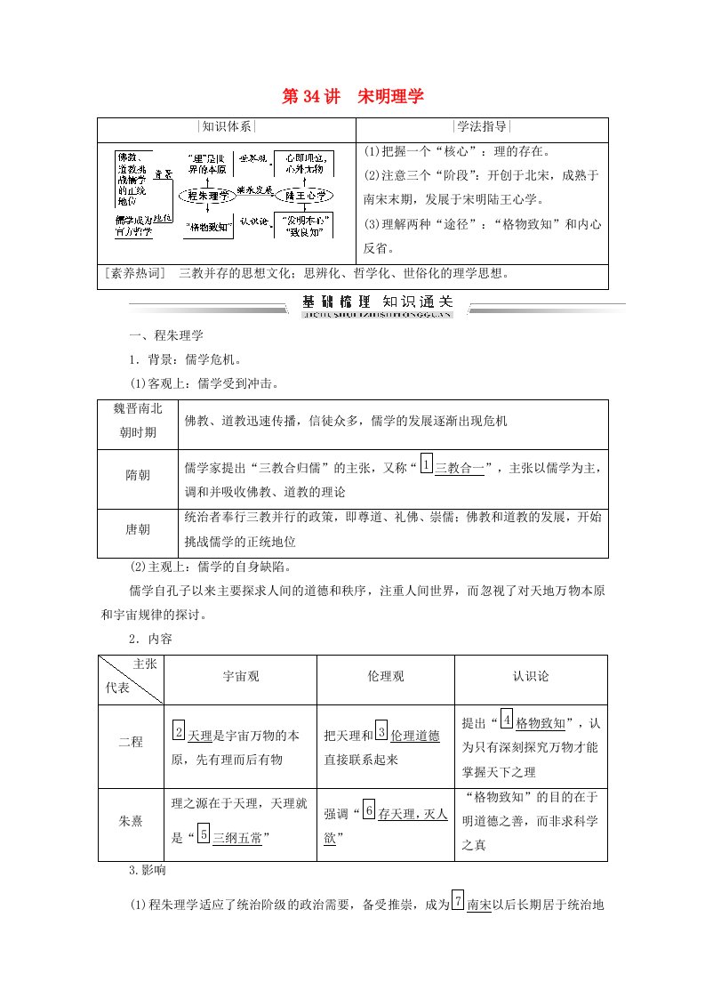 2021届高考历史一轮复习模块三文化发展历程第十一单元古代中国的思想科技和文艺第34讲宋明理学学案含解析新人教版