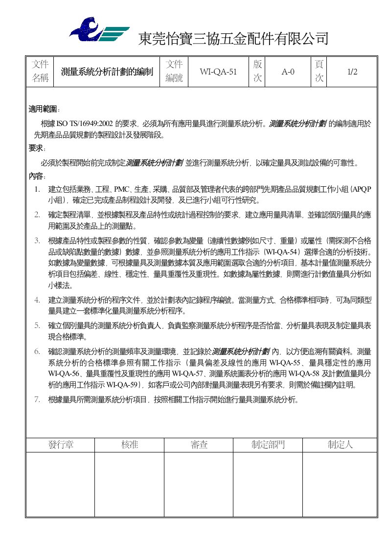 《TS16949三阶文件汇编》怡宝三协五金配件公司(149个文件)WI-QA-51測量系統分析計劃的編制-五金塑胶