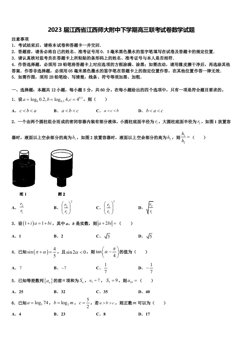 2023届江西省江西师大附中下学期高三联考试卷数学试题含解析