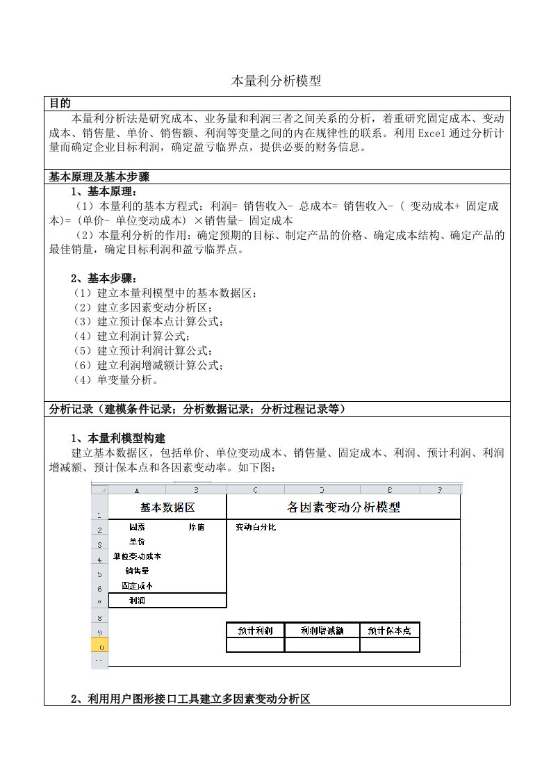 本量利分析模型实验报告