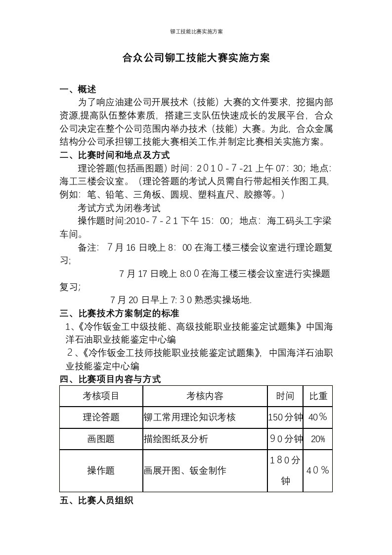 铆工技能比赛实施方案