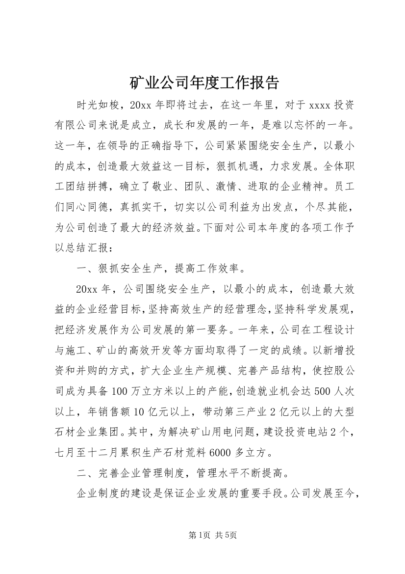 矿业公司年度工作报告