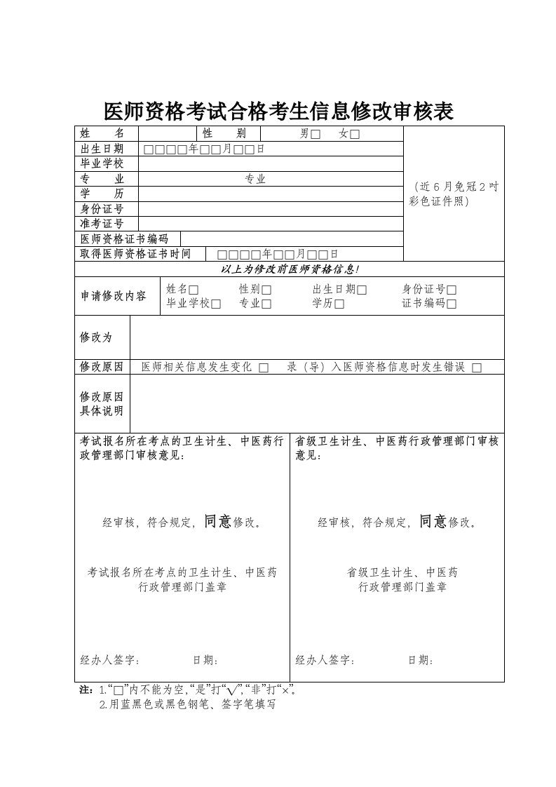 医师资格考试合格考生信息修改审核表